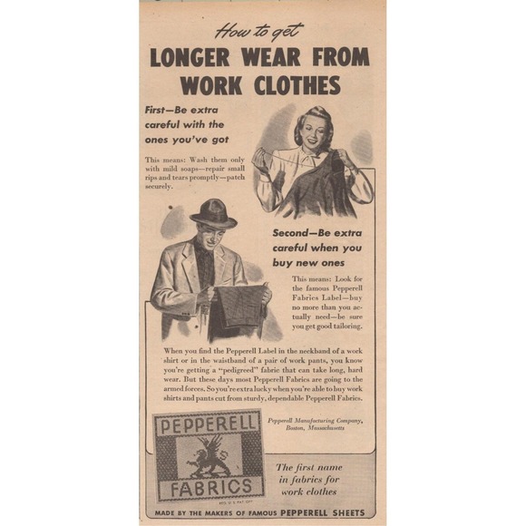 Pepperell Fabrics Other - Pepperell Fabrics WWII Work Clothes Longer Wear Textile Vintage Print Ad 1945